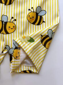 春夏女嬰休閒時尚創意個性清新簡約可愛日系卡通蜜蜂胸前印花黃白直條紋短T恤與單車褲套裝，舒適日常穿著，愜意夏季風格，適合春夏女嬰氛圍穿搭，日常運動套裝 - 彩色 - 查看 7