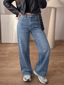 SHEIN 青少年女孩牛仔褲，四季皆宜，柔軟棉質，休閒時尚，百搭舒適，極簡風，彈性腰頭，拉鍊門襟配一顆鈕扣，經典五口袋款式，寬鬆直筒褲腿，深藍色水洗牛仔褲，適合日常穿著與度假 - 中等水洗藍 - 查看 7
