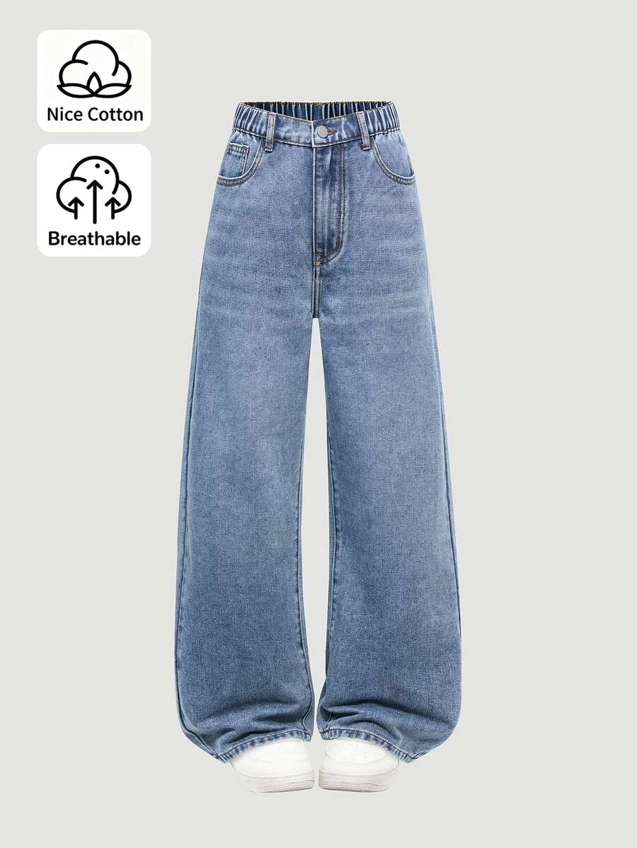 SHEIN 青少年女孩牛仔褲,四季皆宜,柔軟棉質,休閒時尚,百搭舒適,極簡風,彈性腰頭,拉鍊門襟配一顆鈕扣,經典五口袋款式,寬鬆直筒褲腿,深藍色水洗牛仔褲,適合日常穿著與度假 - 中等水洗藍 - 查看 1