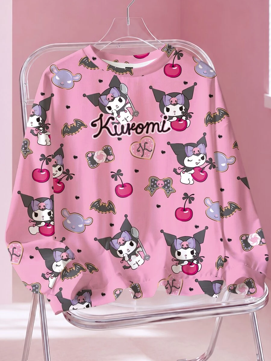 HELLO KITTY AND FRIENDS | SHEIN 大尺碼女款字母卡通印花長袖休閒圓領衛衣 秋季 - 白色 - 查看 1