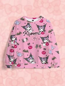 HELLO KITTY AND FRIENDS | SHEIN 大尺碼女款字母卡通印花長袖休閒圓領衛衣 秋季 - 白色 - 查看 3