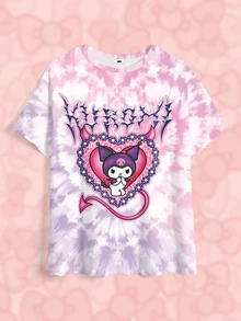 HELLO KITTY AND FRIENDS | SHEIN 大尺碼女款紮染圓領短袖休閒寬鬆版型T恤 - 白色 - 查看 3