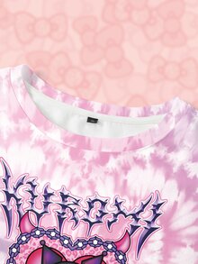 HELLO KITTY AND FRIENDS | SHEIN 大尺碼女款紮染圓領短袖休閒寬鬆版型T恤 - 白色 - 查看 5