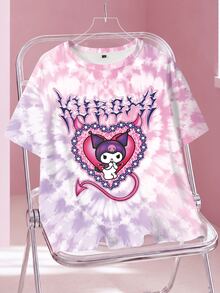 HELLO KITTY AND FRIENDS | SHEIN 大尺碼女款紮染圓領短袖休閒寬鬆版型T恤 - 白色 - 查看 1