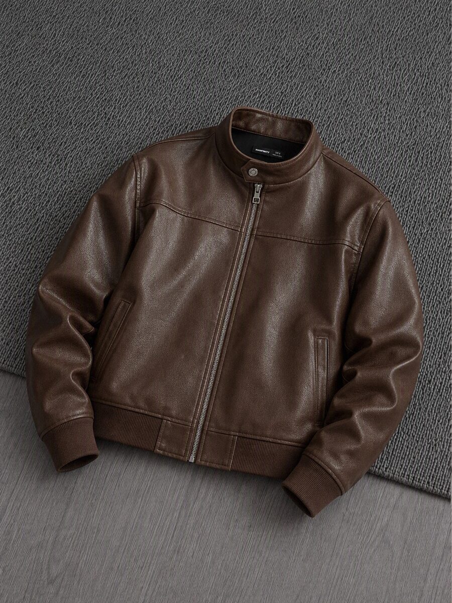 Mainfolk Men's Long Sleeve Retro Casual PU Leather Jacket For Autumn, For Fall Winter, Vacation, Father's Day Gifts - Pink - View 1