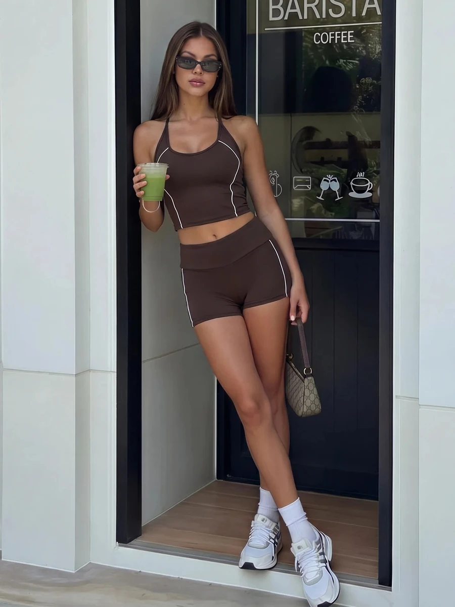 Pariaura Casual Striped Colorblock Halter Tie Tank Top And Outdoor High Waist Shorts Sports Set - Brown - View 1