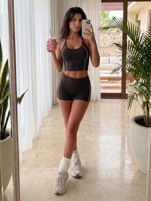 Pariaura Casual Striped Colorblock Halter Tie Tank Top And Outdoor High Waist Shorts Sports Set - Brown - View 7