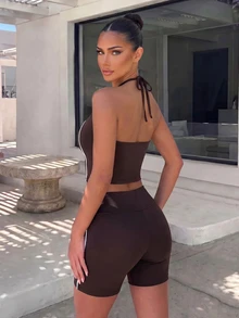Pariaura Casual Striped Colorblock Halter Tie Tank Top And Outdoor High Waist Shorts Sports Set - Brown - View 2