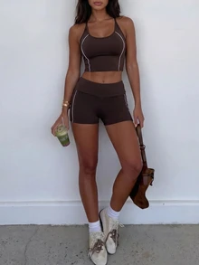 Pariaura Casual Striped Colorblock Halter Tie Tank Top And Outdoor High Waist Shorts Sports Set - Brown - View 8
