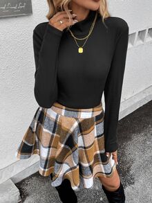 SHEIN LUNE 2pcs/Set Black Ribbed Turtleneck Long Sleeve Top & Plaid A-Line Mini Skirt, Casual Autumn Winter Outfit Business Casual Woman - Black - View 4
