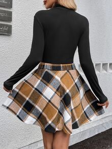 SHEIN LUNE 2pcs/Set Black Ribbed Turtleneck Long Sleeve Top & Plaid A-Line Mini Skirt, Casual Autumn Winter Outfit Business Casual Woman - Black - View 2