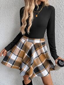 SHEIN LUNE 2pcs/Set Black Ribbed Turtleneck Long Sleeve Top & Plaid A-Line Mini Skirt, Casual Autumn Winter Outfit Business Casual Woman - Black - View 5