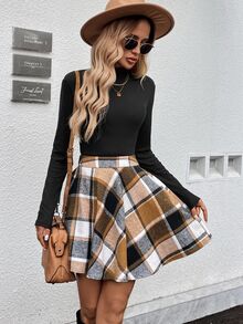 SHEIN LUNE 2pcs/Set Black Ribbed Turtleneck Long Sleeve Top & Plaid A-Line Mini Skirt, Casual Autumn Winter Outfit Business Casual Woman - Black - View 3