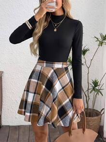 SHEIN LUNE 2pcs/Set Black Ribbed Turtleneck Long Sleeve Top & Plaid A-Line Mini Skirt, Casual Autumn Winter Outfit Business Casual Woman - Black - View 7