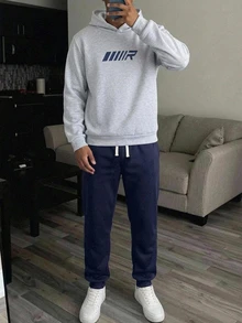 SHEIN 兒童青少年男孩休閒字母印花連帽衛衣與運動長褲套裝 2件組，適合秋冬開學季舒適穿著 - 彩色 - 查看 1
