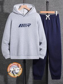 SHEIN 兒童青少年男孩休閒字母印花連帽衛衣與運動長褲套裝 2件組，適合秋冬開學季舒適穿著 - 彩色 - 查看 4