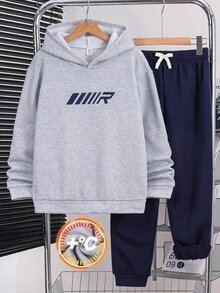 SHEIN 兒童青少年男孩休閒字母印花連帽衛衣與運動長褲套裝 2件組，適合秋冬開學季舒適穿著 - 彩色 - 查看 2