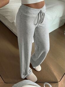SHEIN EZwear 女款純色保暖內裡舒適居家休閒長褲，適合秋冬，抽繩設計，淺灰色休閒款 - 淺灰色 - 查看 7