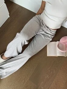 SHEIN EZwear 女款純色保暖內裡舒適居家休閒長褲，適合秋冬，抽繩設計，淺灰色休閒款 - 淺灰色 - 查看 6