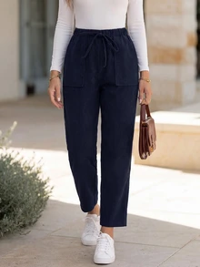 EMERY ROSE Women's Casual Belted Elastic Straight Leg Corduroy Pants, Autumn - Navy Blue - View 1