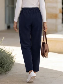 EMERY ROSE Women's Casual Belted Elastic Straight Leg Corduroy Pants, Autumn - Navy Blue - View 3