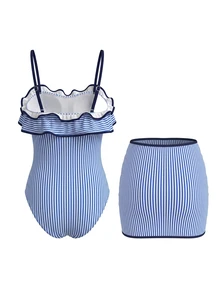 Bonvoyette Women's Fashion Blue And White Striped Print Ruffle One-Piece Swimsuit, Detachable Shoulder Straps, Bandeau Style, Ruffle Skirt, - Blue and White - View 2