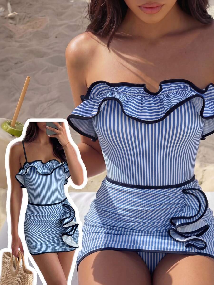 Bonvoyette Women's Fashion Blue And White Striped Print Ruffle One-Piece Swimsuit, Detachable Shoulder Straps, Bandeau Style, Ruffle Skirt, - Blue and White - View 1