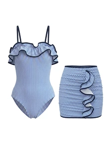 Bonvoyette Women's Fashion Blue And White Striped Print Ruffle One-Piece Swimsuit, Detachable Shoulder Straps, Bandeau Style, Ruffle Skirt, - Blue and White - View 5