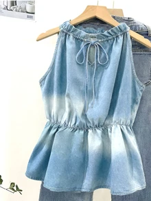 Franclia 女款牛仔效果印花荷葉邊掛脖背心上衣 - 藍色 - 查看 2