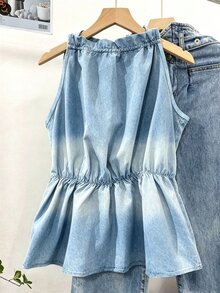 Franclia 女款牛仔效果印花荷葉邊掛脖背心上衣 - 藍色 - 查看 5