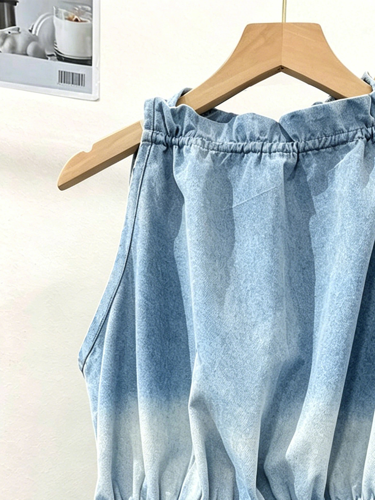 Franclia Women's Denim Effect Print Frill Trim Halter Tank Top - Blue - View 6