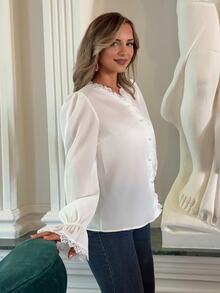 Jeta Ari Vintage Elegant Women's White Shirt,Autumn Office Blouse With Lace Patchwork,V-Neck,Long Flare Sleeves,Ruffle Hem And Pearl Button,Button Down Tops - White - View 6