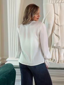 Jeta Ari Vintage Elegant Women's White Shirt,Autumn Office Blouse With Lace Patchwork,V-Neck,Long Flare Sleeves,Ruffle Hem And Pearl Button,Button Down Tops - White - View 3