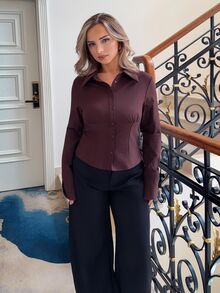Jeta Ari Women's Elegant Brown Solid Color Ruched Waist Short Sleeve/Long Sleeve Blouse, Versatile For Commute, Daily Wear, Office Brown Blouses - Brown - View 6