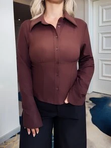 Jeta Ari Women's Elegant Brown Solid Color Ruched Waist Short Sleeve/Long Sleeve Blouse, Versatile For Commute, Daily Wear, Office Brown Blouses - Brown - View 3