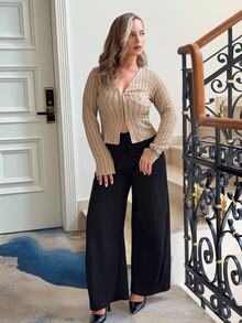 Jeta Ari Beige Autumn Chic Brunch Women Shirt, Deep V-Neck Pleated Textured Striped Print Front Button Long Sleeve Minimalist Urban Comfort Western Top - Khaki - View 6