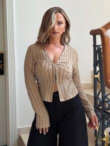 Jeta Ari Beige Autumn Chic Brunch Women Shirt, Deep V-Neck Pleated Textured Striped Print Front Button Long Sleeve Minimalist Urban Comfort Western Top - Khaki - View 5