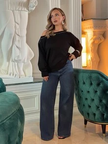 Jeta Ari Women's Asymmetrical Shoulder Vintage Sexy Rivet Decor Loose Pullover Knit Sweater,Black,Autumn Chic Night Out Night Fall Tops Long Sleeve Tops - Black - View 2