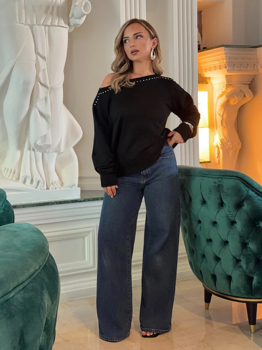 Jeta Ari Women's Asymmetrical Shoulder Vintage Sexy Rivet Decor Loose Pullover Knit Sweater,Black,Autumn Chic Night Out Night Fall Tops Long Sleeve Tops