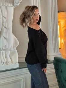 Jeta Ari Women's Asymmetrical Shoulder Vintage Sexy Rivet Decor Loose Pullover Knit Sweater,Black,Autumn Chic Night Out Night Fall Tops Long Sleeve Tops - Black - View 4