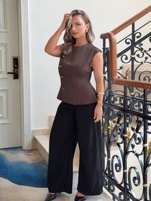 Jeta Ari Brown Minimalist Office Commuter Round Neck Sleeveless Cinched Waist Metal Decor Women Blazer, Spring/Summer,Going Out Top - Brown - View 5