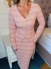 Jeta Ari Pink Plaid,Fall Winter,Elegant,Office Women 2-Piece Set,Elastic Tweed Silver Thread Suit,Pearl Button Cardigan V-Neck Slim T-Shirt Elastic Waist Skirt - Multicolor - View 3