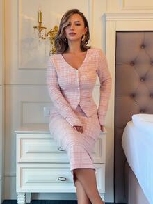 Jeta Ari Pink Plaid,Fall Winter,Elegant,Office Women 2-Piece Set,Elastic Tweed Silver Thread Suit,Pearl Button Cardigan V-Neck Slim T-Shirt Elastic Waist Skirt - Multicolor - View 6