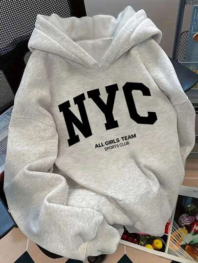 SHEIN Sudadera casual de moda creativa y refrescante con eslogan gráfico minimalista negro "New York", adecuada para niñas, gris, estilo chic de ropa de calle de otoño para uso diario