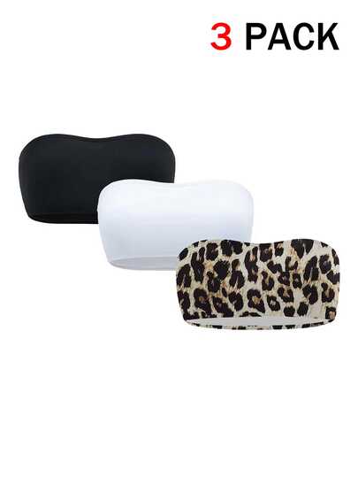 Swim Vcay Women's Summer Beach Solid Color And Leopard Print Bandeau Bikini Top 3pcs/Set