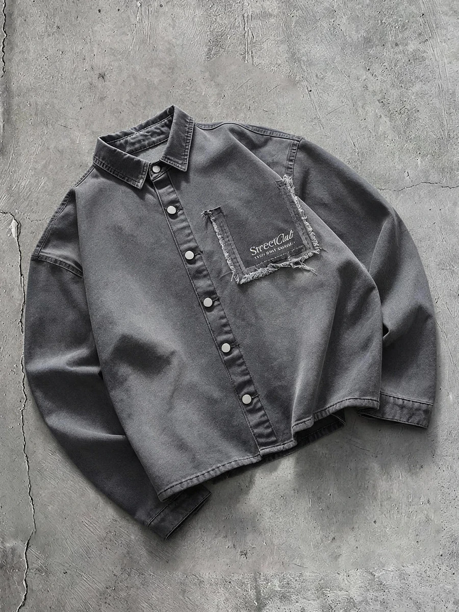 AXEPEAK Men's Washed Dark Grey Printed Long Sleeve Top Birthday Work Autumn Streetwear Street Life - Grey - View 1