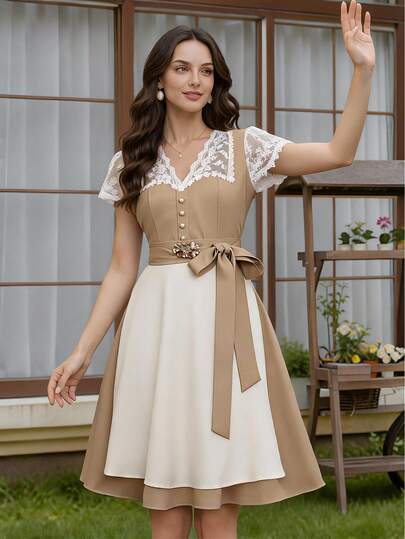 Fairmaia German Traditional Colorblock Patchwork Elegant Women's Dress