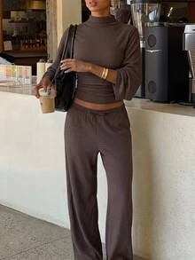 Siren Gaze Women's Solid Color Stand Collar Bell Sleeve Cinched Waist Top And Pants Casual 2 Pieces Set Lounge Dark Brown Autumn Brunch Lounge - Chocolate Brown - View 2