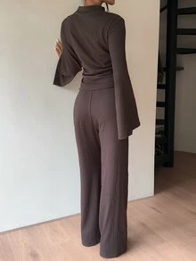 Siren Gaze Women's Solid Color Stand Collar Bell Sleeve Cinched Waist Top And Pants Casual 2 Pieces Set Lounge Dark Brown Autumn Brunch Lounge - Chocolate Brown - View 9