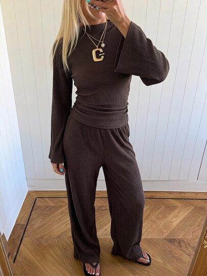 Siren Gaze Women's Solid Color Stand Collar Bell Sleeve Cinched Waist Top And Pants Casual 2 Pieces Set Lounge Dark Brown Autumn